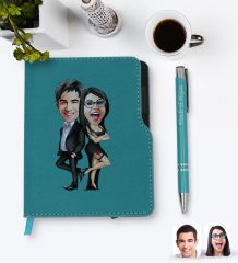 Kişiye Özel Sevgililer Karikatürlü Turkuaz Termo Deri Defter Kalem Seti-6