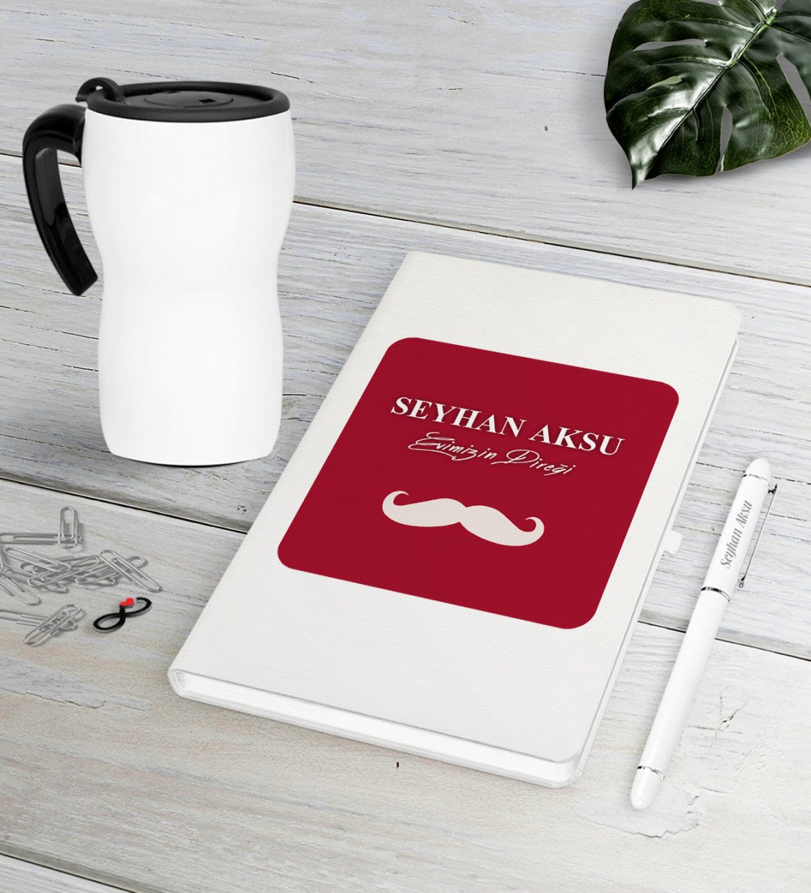 Kişiye Özel Evimizin Direği Beyaz Defter Kalem Termos Mug Seti