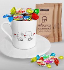 Kişiye Özel Sevgililer Günü Türk Kahvesi Fincanı Mehmet Efendi Kahve ve Haribo Şeker Hediye Seti-103