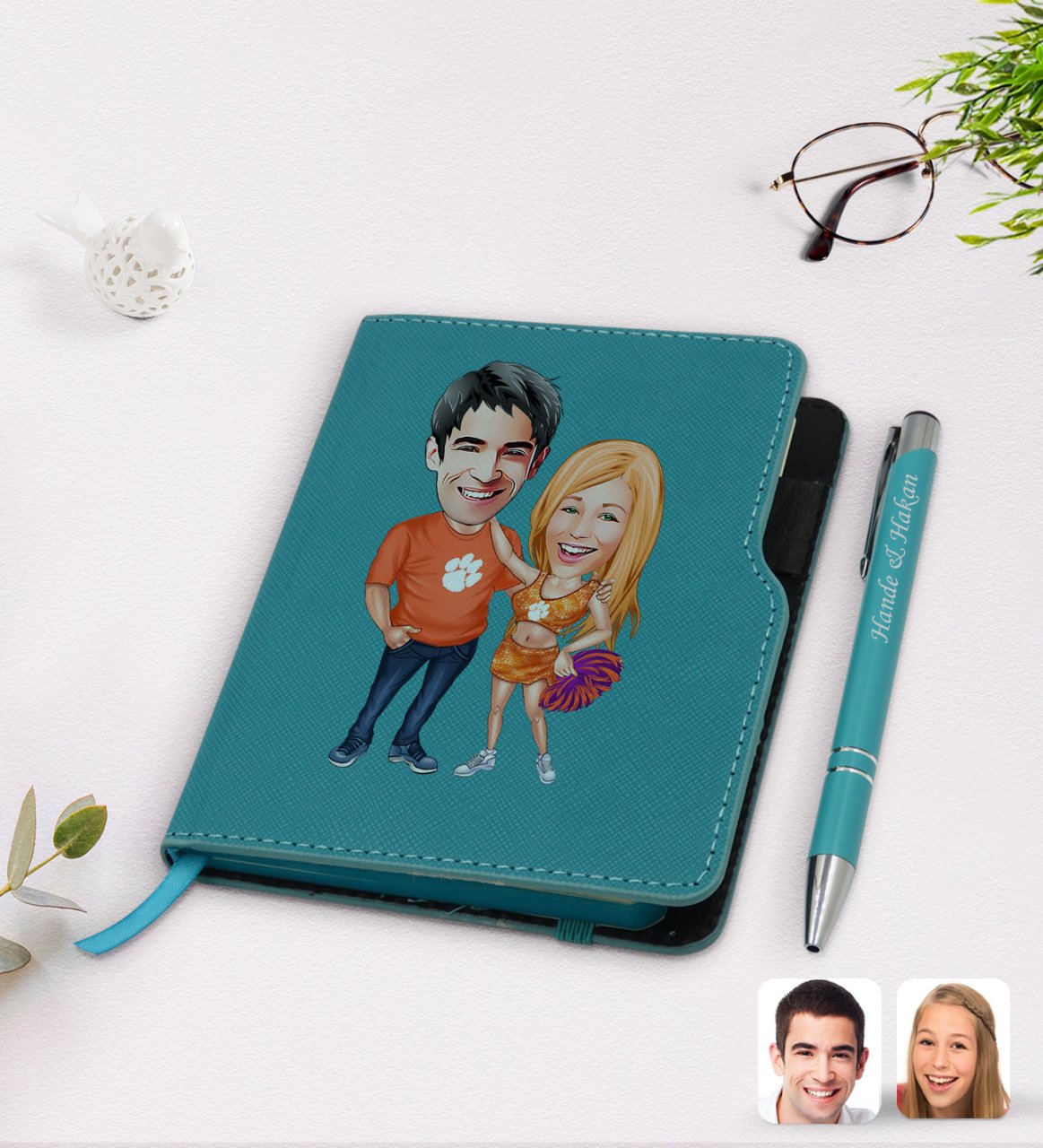 Kişiye Özel Sevgililer Karikatürlü Turkuaz Termo Deri Defter Kalem Seti-54