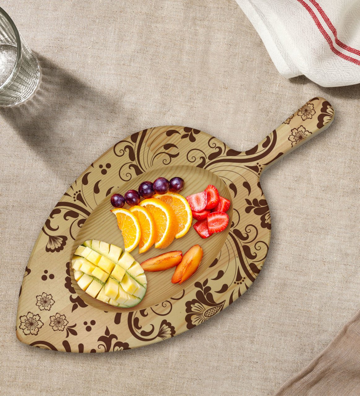 BK Gift Retro Motif Tasarımlı Yaprak Şeklinde Doğal Ahşap Servis ve Sunum Tabağı Model 3