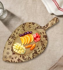 BK Gift Retro Motif Tasarımlı Yaprak Şeklinde Doğal Ahşap Servis ve Sunum Tabağı Model 3
