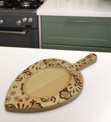 BK Gift Retro Motif Tasarımlı Yaprak Şeklinde Doğal Ahşap Servis ve Sunum Tabağı Model 3