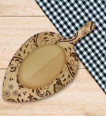 BK Gift Retro Motif Tasarımlı Yaprak Şeklinde Doğal Ahşap Servis ve Sunum Tabağı Model 3