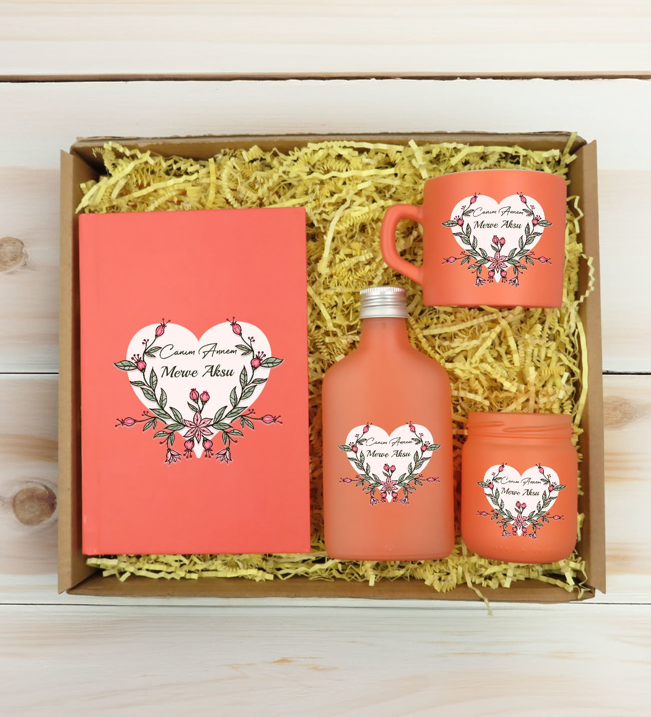 BK Gift Kişiye Özel İsimli DTF Anne Temalı Somon Defter & Kahve Fincanı & Kolonya & Mum Hediye Seti-5, Anneye Hediye, Anneler Günü Hediyesi