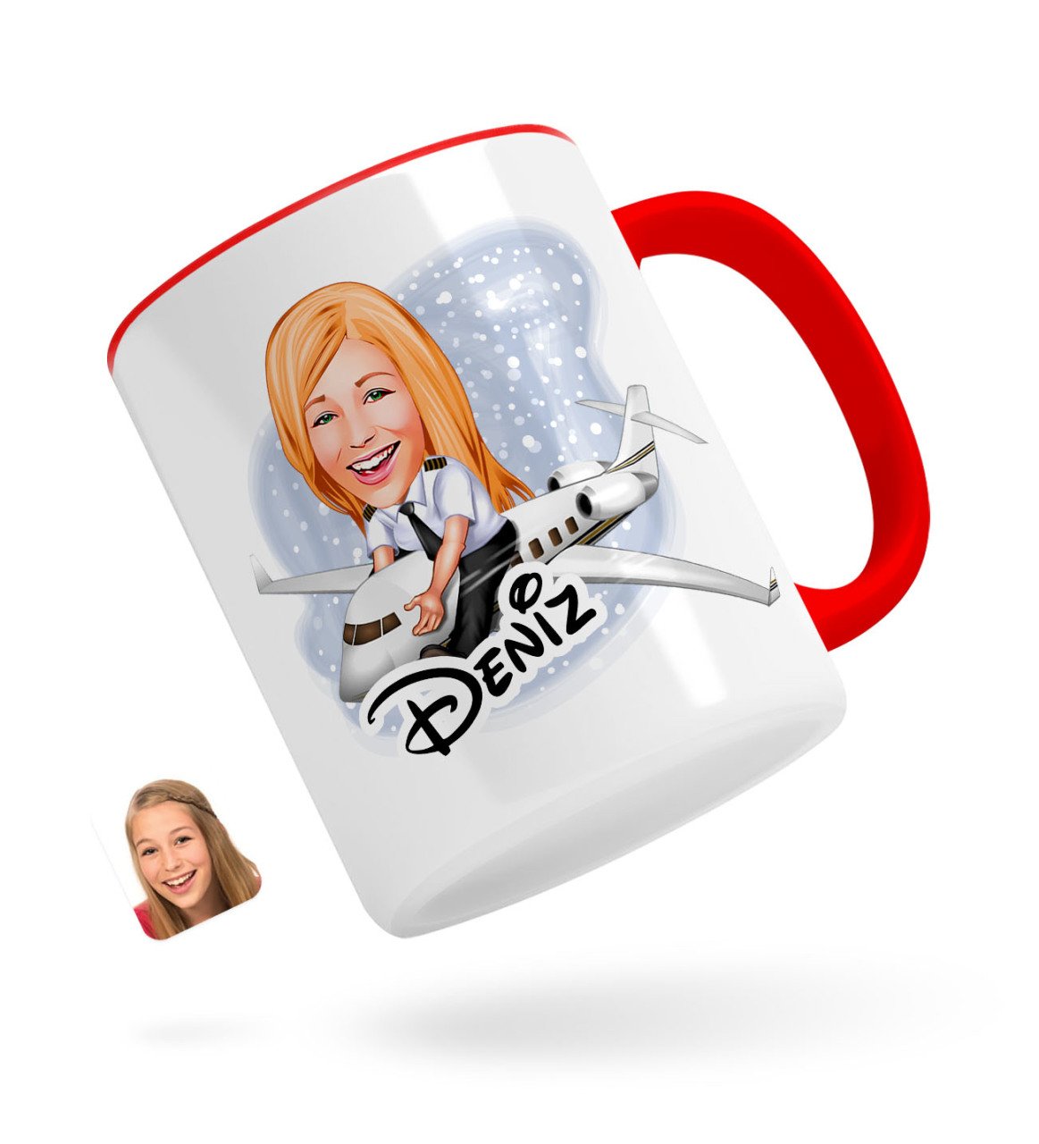 Kişiye Özel Kadın Kaptan Pilot Karikatürlü Kırmızı Kupa Bardak