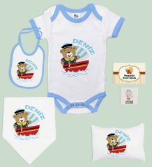 BK Kids Kişiye Özel İsimli 6 Parça Mavi Bebek Body Zıbın Battaniye ve Yastık Hediye Seti, Yeni Doğan Bebek Giyim Hediyesi-1