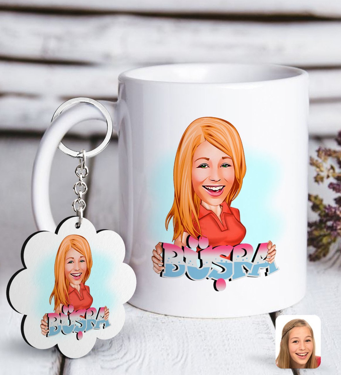 Kişiye Özel Bayan İsimli Karikatürlü Beyaz Kupa ve Anahtarlık Hediye Seti-1