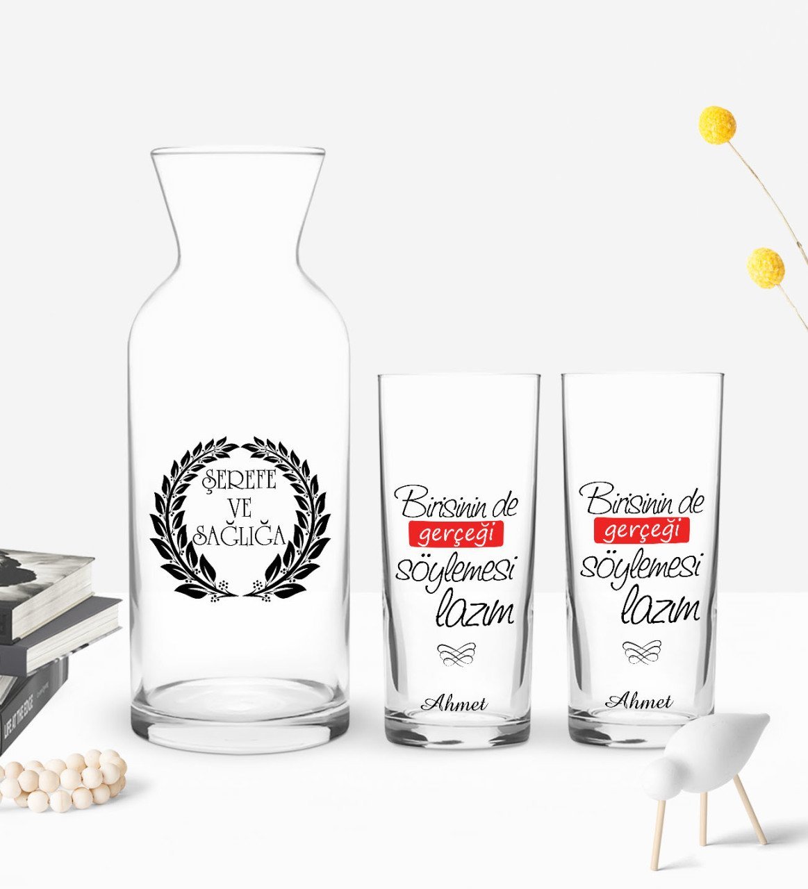 Kişiye Özel Renkli Baskılı Gerçeği Söylemesi Lazım Tasarımlı İkili Rakı Bardağı ve Karaf Hediye Seti-1