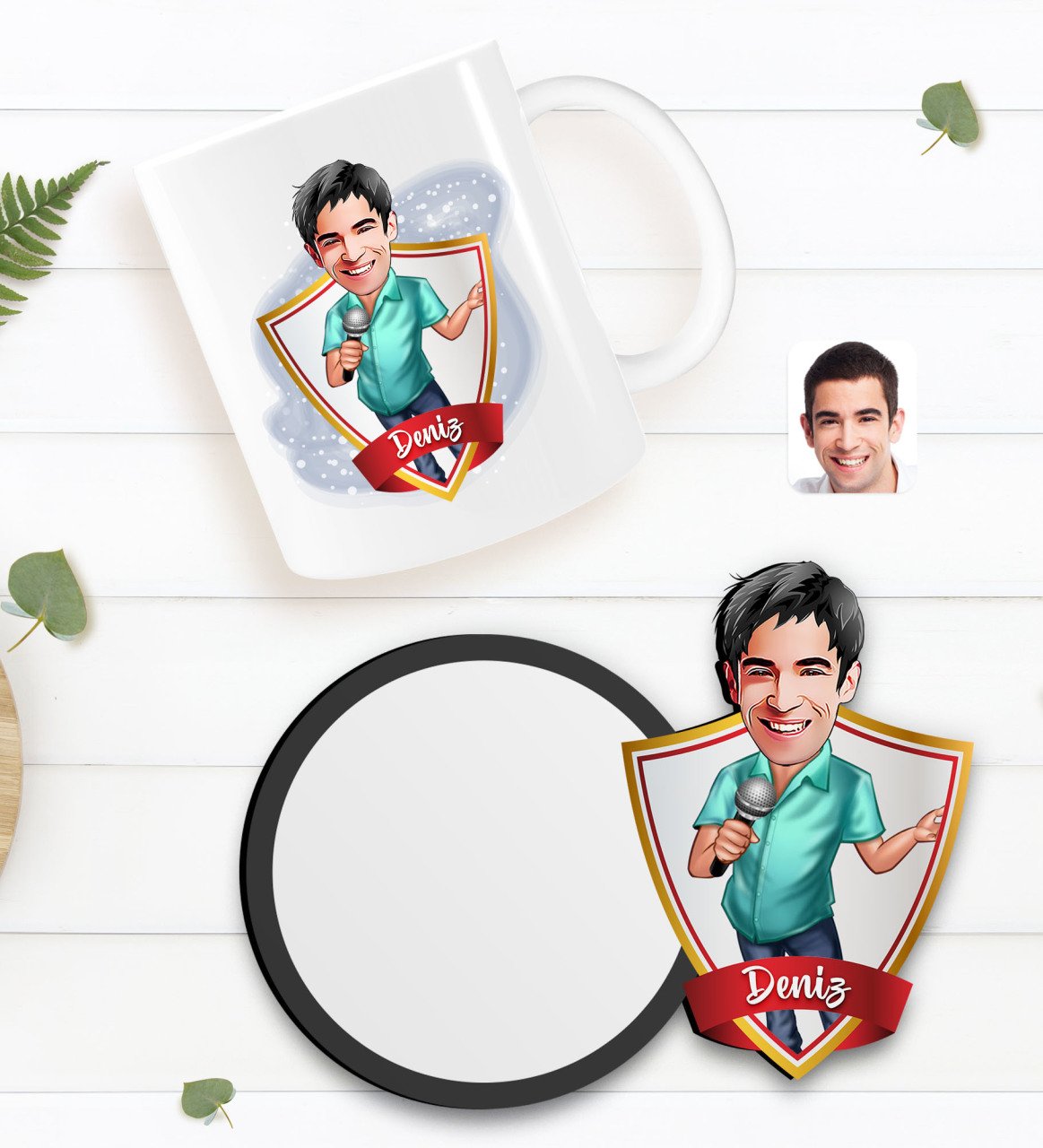 Kişiye Özel Erkek Şarkıcı Karikatürlü Beyaz Kupa ve Ahşap Bardak Altlığı Hediye Seti-1