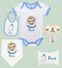 BK Kids Kişiye Özel İsimli 6 Parça Mavi Bebek Body Zıbın Battaniye ve Yastık Hediye Seti, Yeni Doğan Bebek Giyim Hediyesi-2