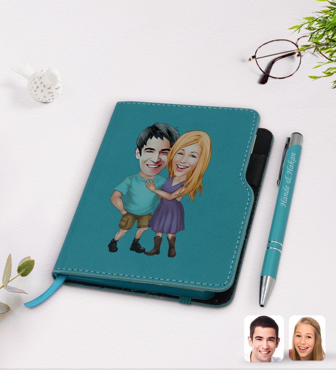 Kişiye Özel Sevgililer Karikatürlü Turkuaz Termo Deri Defter Kalem Seti-80