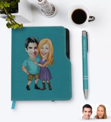 Kişiye Özel Sevgililer Karikatürlü Turkuaz Termo Deri Defter Kalem Seti-80