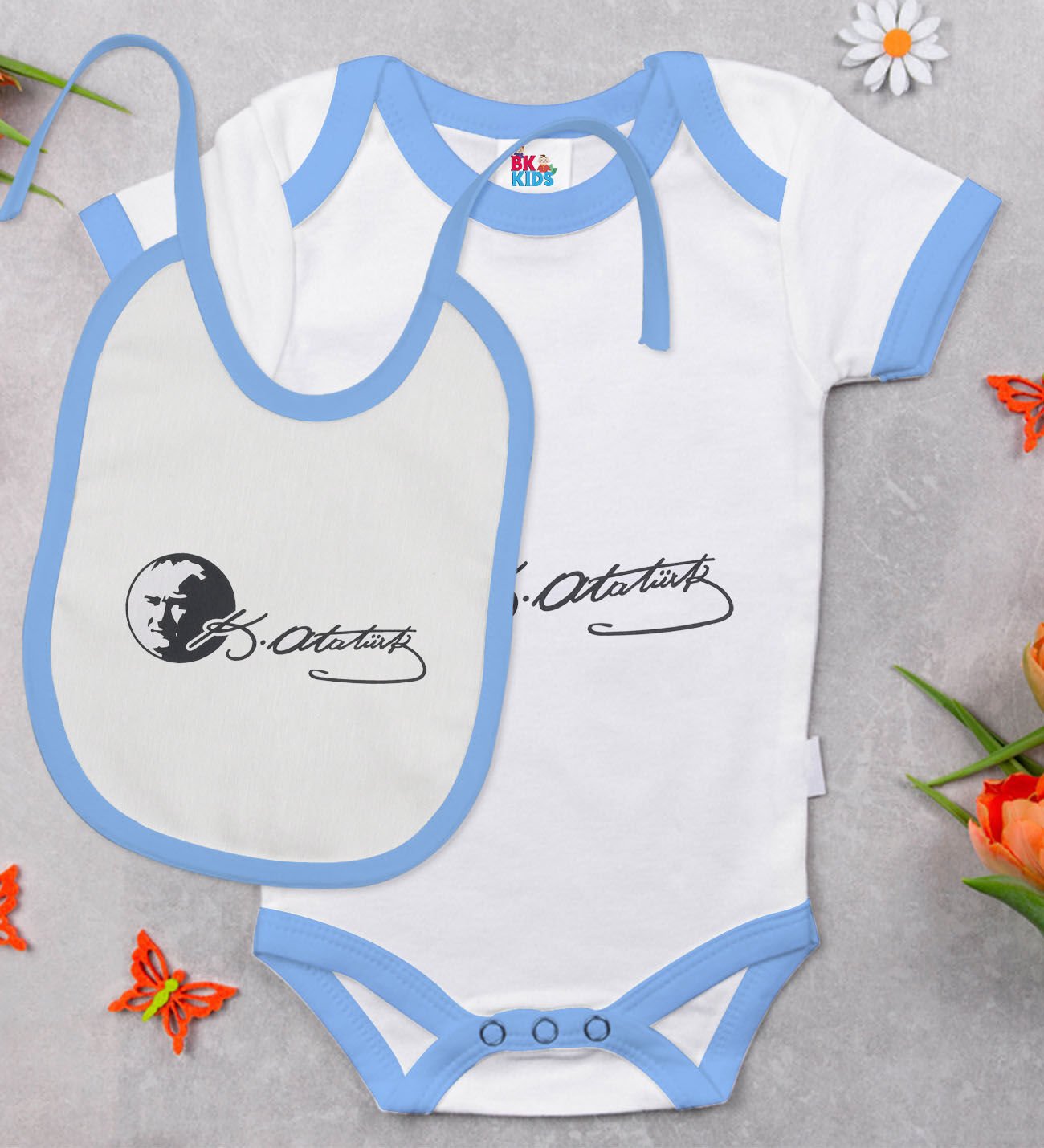 BK Kids Atatürk Temalı Mavi Bebek Body Zıbın ve Mama Önlüğü Hediye Seti-20