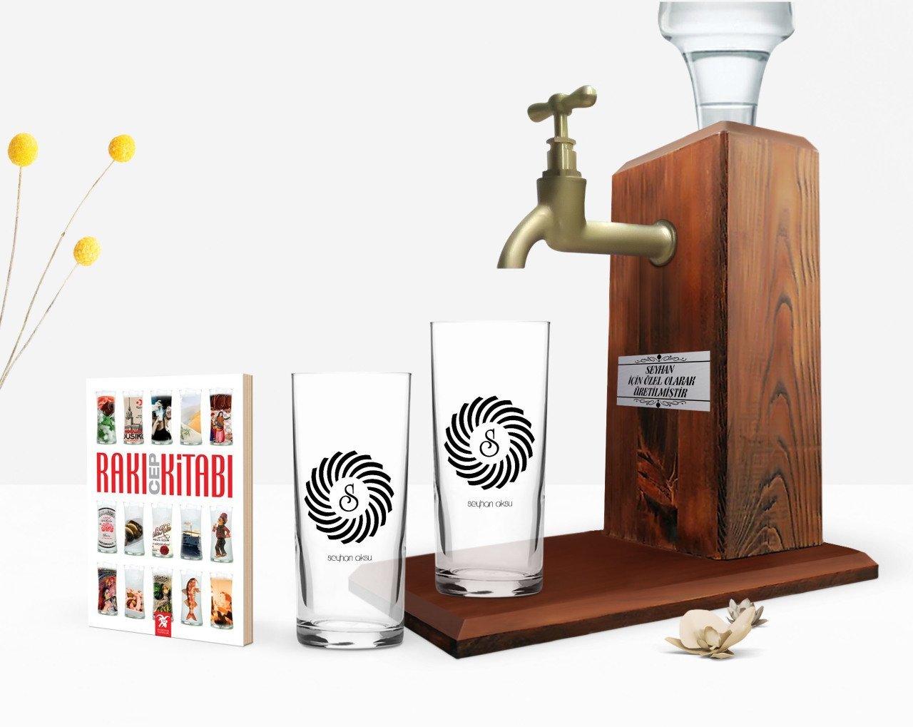 Kişiye Özel Renkli Baskılı İsimli İkili Rakı Bardağı Ahşap Rakı Standı ve Cep Kitabı Hediye Seti-116