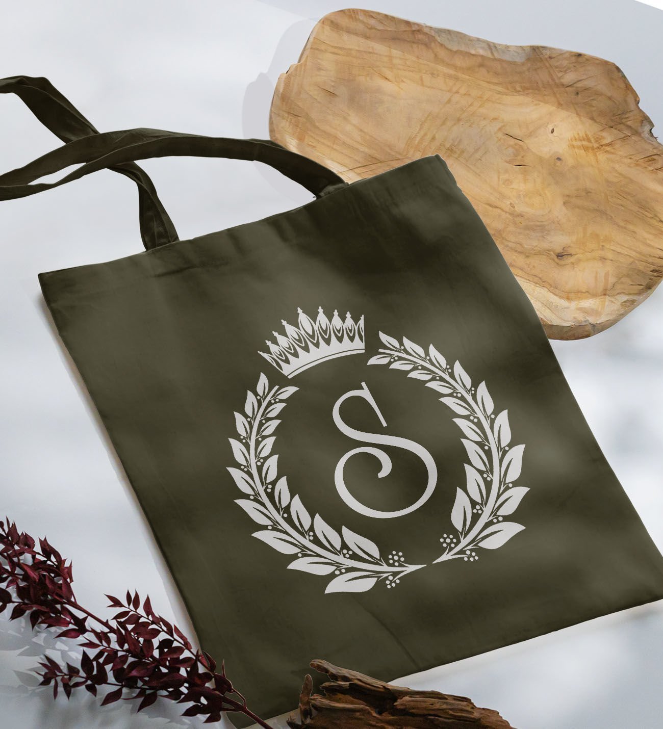 BK Gift Kişiye Özel Harfli Haki Kumaş Bez Çanta-7, Baskılı Omuz Çantası, Alışveriş Çantası