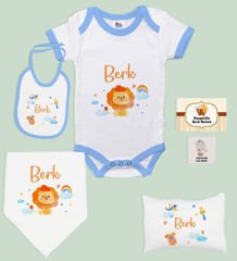 BK Kids Kişiye Özel İsimli 6 Parça Mavi Bebek Body Zıbın Battaniye ve Yastık Hediye Seti, Yeni Doğan Bebek Giyim Hediyesi-4