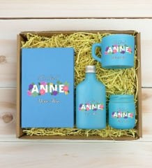BK Gift Kişiye Özel İsimli DTF Anne Temalı Turkuaz Defter & Kahve Fincanı & Kolonya & Mum Hediye Seti-3, Anneye Hediye, Anneler Günü Hediyesi