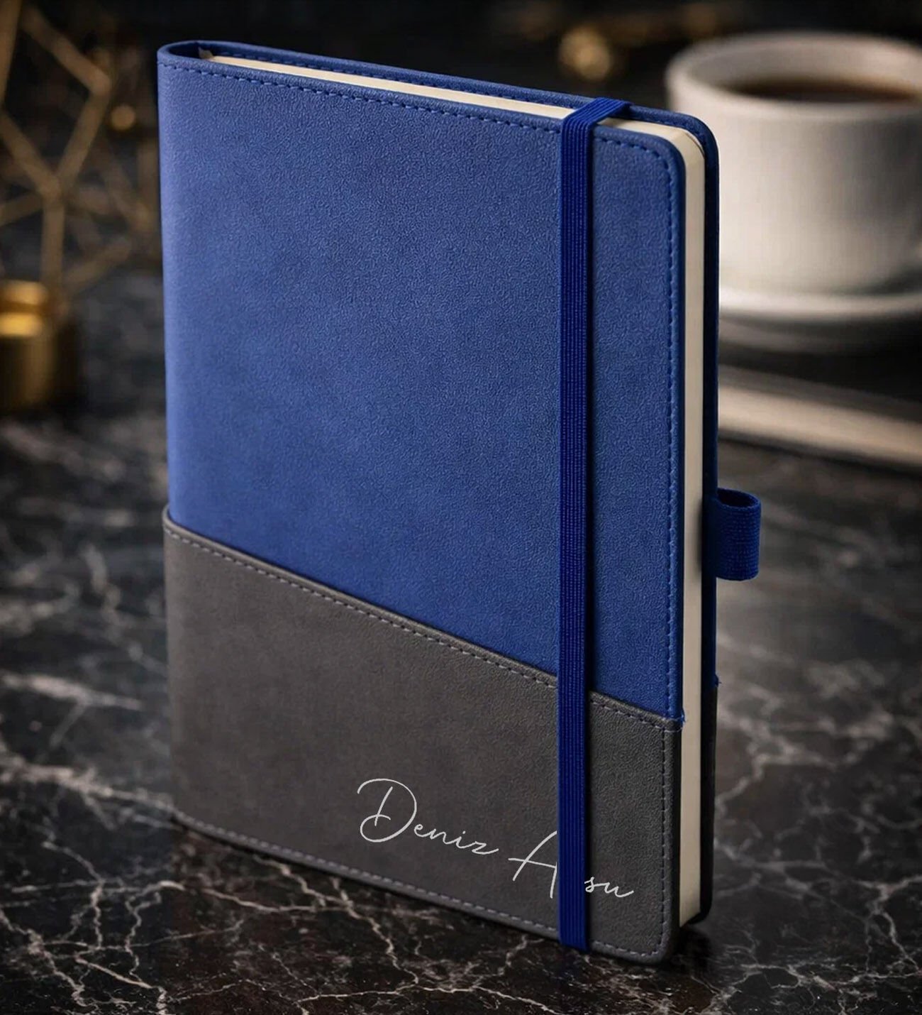 BK Gift Kişiye Özel Mavi Termo Deri Defter -17, Kartvizit Bölmeli, Çizgili Ivory Kağıt