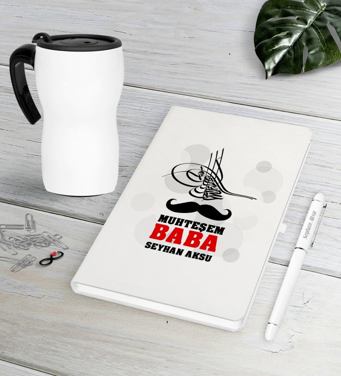 Kişiye Özel Muhteşem Baba Beyaz Defter Kalem Termos Mug Seti