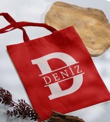 BK Gift Kişiye Özel Harfli Kırmızı Kumaş Bez Çanta-1, Baskılı Omuz Çantası, Alışveriş Çantası