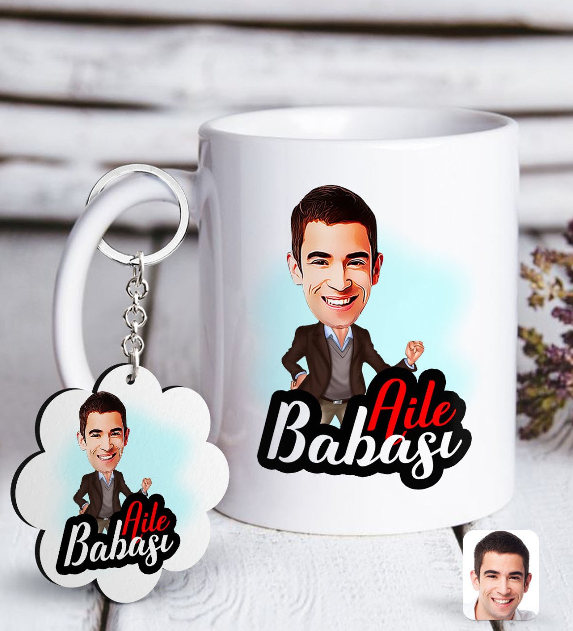 Kişiye Özel Aile Babası Karikatürlü Beyaz Kupa ve Anahtarlık Hediye Seti-1