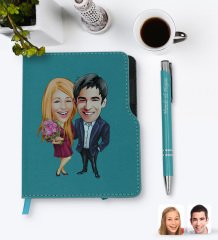 Kişiye Özel Sevgililer Karikatürlü Turkuaz Termo Deri Defter Kalem Seti-94