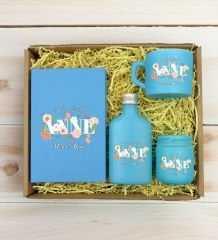 BK Gift Kişiye Özel İsimli DTF Anne Temalı Turkuaz Defter & Kahve Fincanı & Kolonya & Mum Hediye Seti-4, Anneye Hediye, Anneler Günü Hediyesi