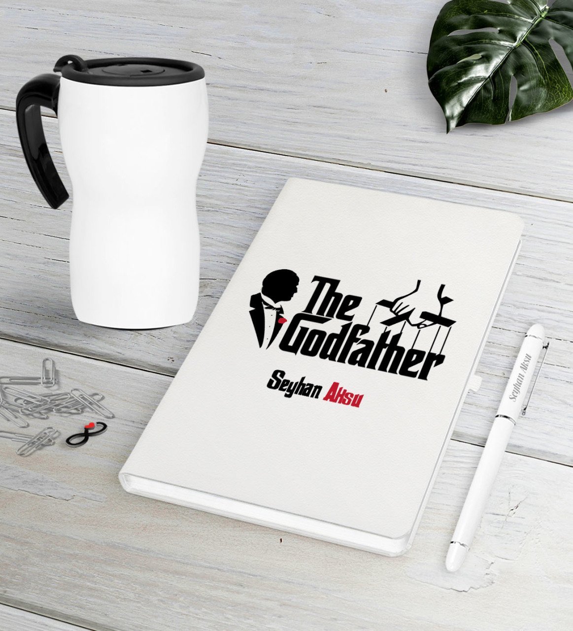 Kişiye Özel The Godfather Beyaz Defter Kalem Termos Mug Seti