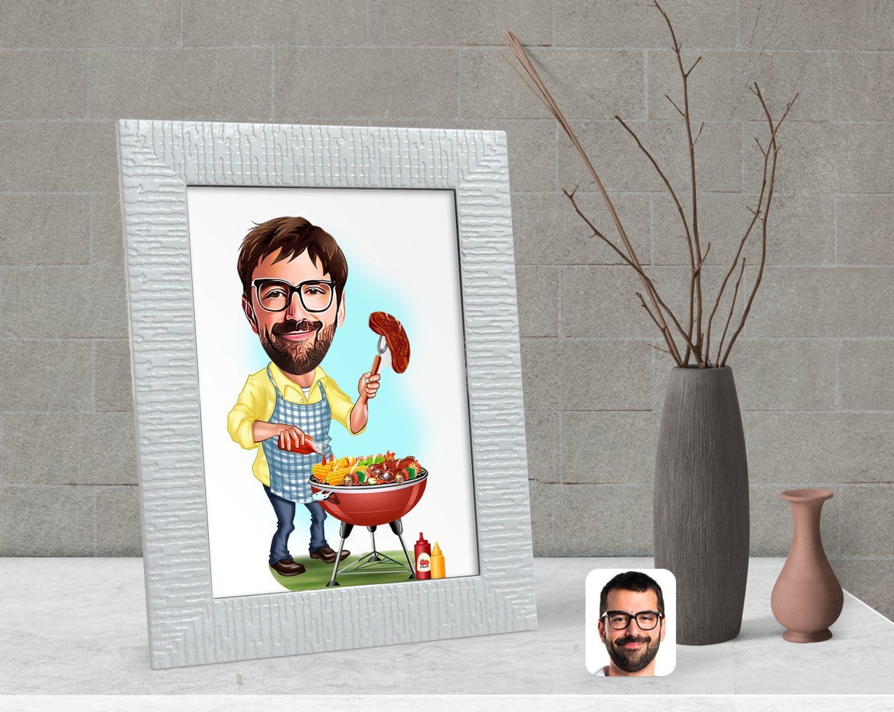 Kişiye Özel Erkek Mangalcı Karikatürlü Dekoratif Çerçeve-1