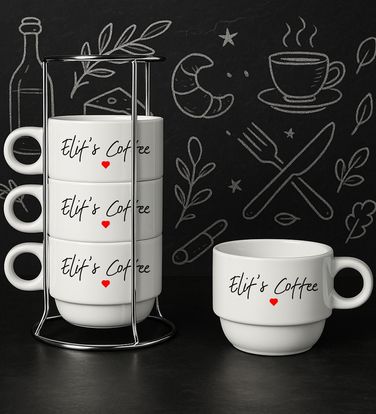 BK Gift Kişiye Özel Standlı 4'lü Fincan Seti-1 , Yeni Ev Hediyesi, Arkadaşa Hediye