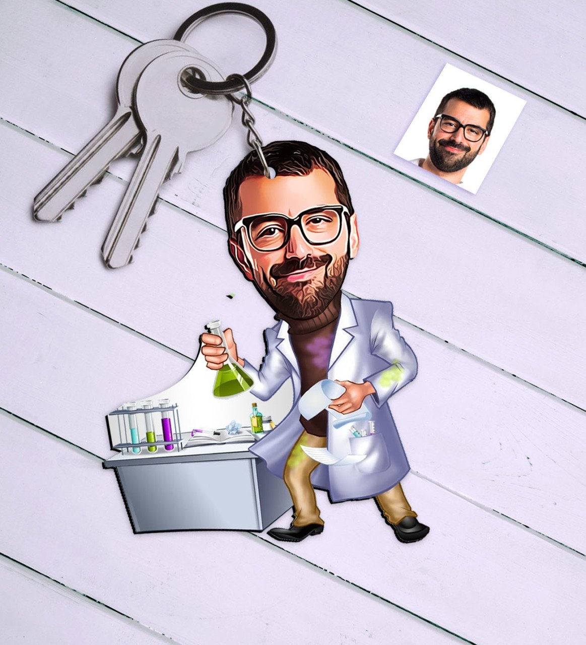 Kişiye Özel Bay Kimya Öğretmeni Karikatür Anahtarlık - 2