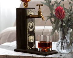 BK Gift Aynalı Altın Kabartma Musluklu Doğal Siyah(Ebony) Ahşap Viski Standı, Home Bar, İçecek Dispenseri, Ahşap İçecek Çeşmesi-1