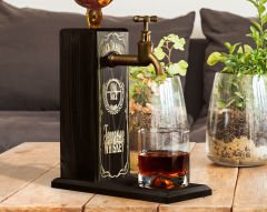 BK Gift Aynalı Altın Kabartma Musluklu Doğal Siyah(Ebony) Ahşap Viski Standı, Home Bar, İçecek Dispenseri, Ahşap İçecek Çeşmesi-1