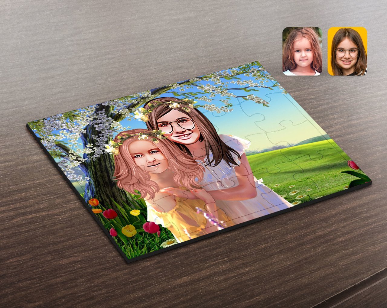 Kişiye Özel Kız Kardeşler Karikatürlü Ahşap Puzzle-2