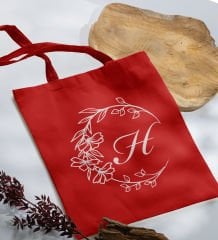 BK Gift Kişiye Özel Harfli Kırmızı Kumaş Bez Çanta-4, Baskılı Omuz Çantası, Alışveriş Çantası