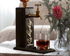 BK Gift Aynalı Altın Kabartma Musluklu Doğal Siyah(Ebony) Ahşap Viski Standı, Home Bar, İçecek Dispenseri, Ahşap İçecek Çeşmesi-2