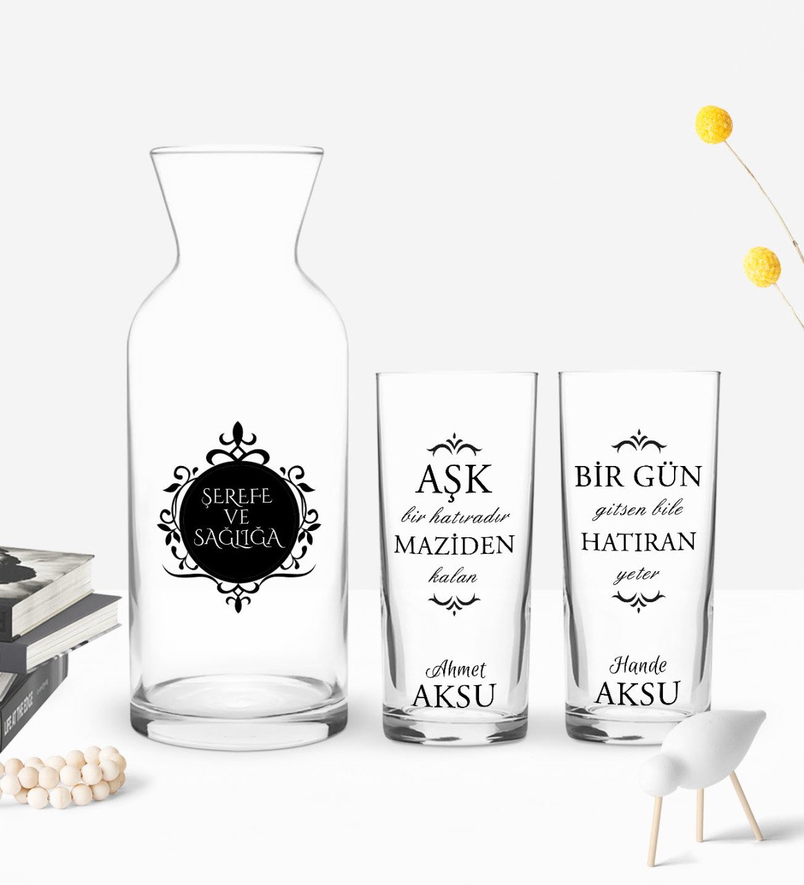 Kişiye Özel Renkli Baskılı Hatıran Yeter Tasarımlı İkili Rakı Bardağı ve Karaf Hediye Seti-1