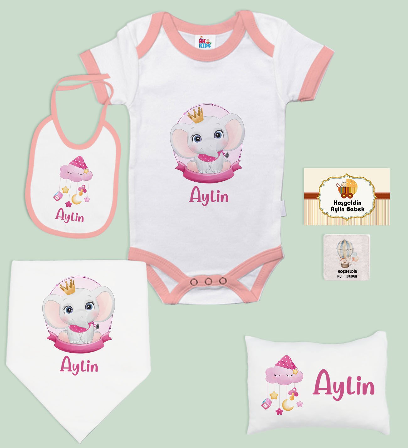 BK Kids Kişiye Özel İsimli 6 Parça Pembe Bebek Body Zıbın Battaniye ve Yastık Hediye Seti, Yeni Doğan Bebek Giyim Hediyesi-3