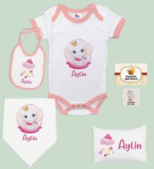 BK Kids Kişiye Özel İsimli 6 Parça Pembe Bebek Body Zıbın Battaniye ve Yastık Hediye Seti, Yeni Doğan Bebek Giyim Hediyesi-3