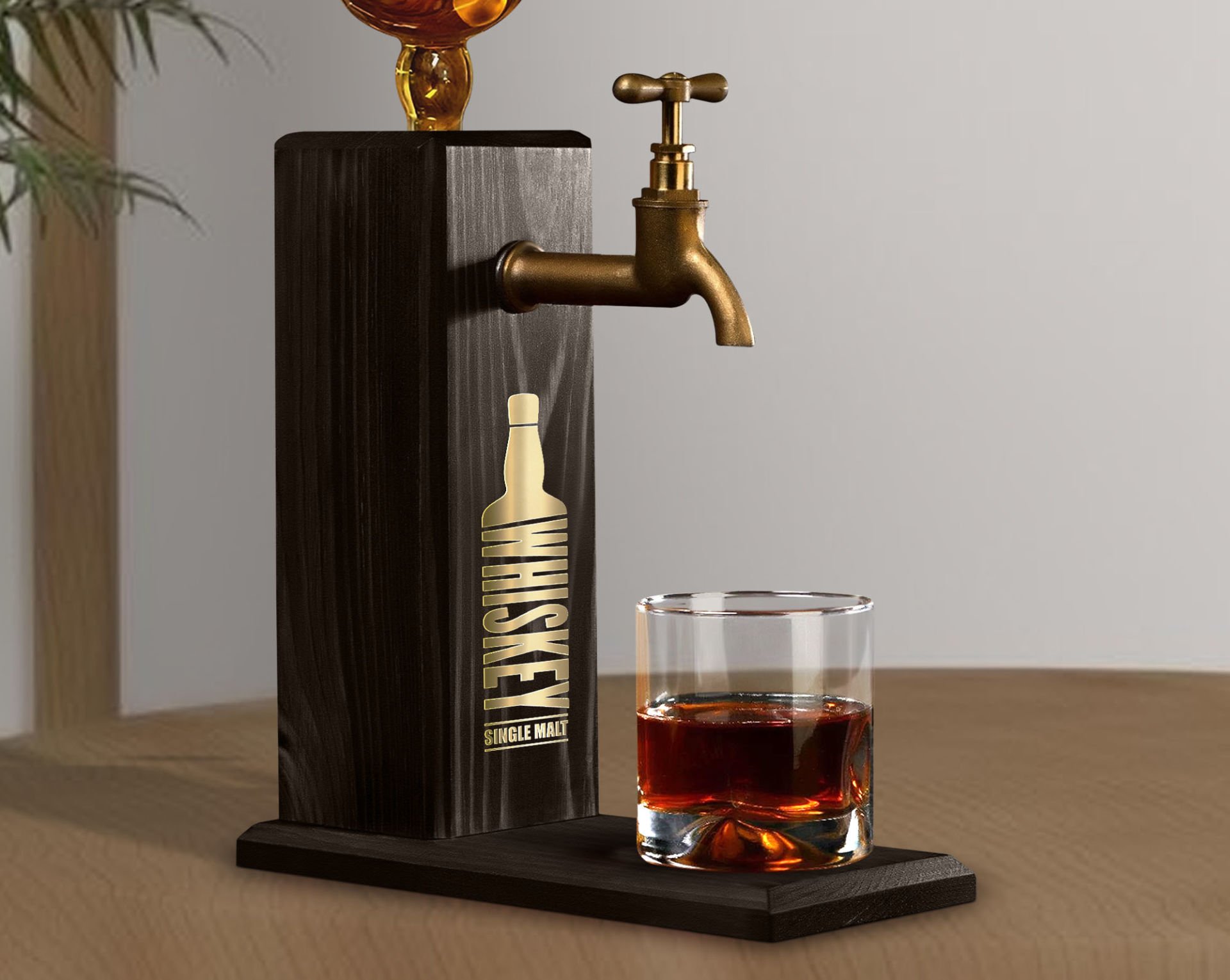 BK Gift Aynalı Altın Kabartma Musluklu Doğal Siyah(Ebony) Ahşap Viski Standı, Home Bar, İçecek Dispenseri, Ahşap İçecek Çeşmesi-3