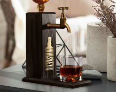 BK Gift Aynalı Altın Kabartma Musluklu Doğal Siyah(Ebony) Ahşap Viski Standı, Home Bar, İçecek Dispenseri, Ahşap İçecek Çeşmesi-3