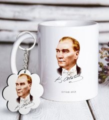 Kişiye Özel Atatürk Temalı Beyaz Kupa ve Anahtarlık Hediye Seti-15