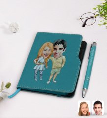 Kişiye Özel Sevgililer Karikatürlü Turkuaz Termo Deri Defter Kalem Seti-98