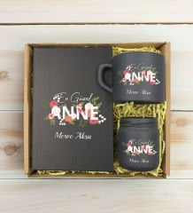 BK Gift Kişiye Özel İsimli DTF Anne Temalı Antrasit Defter & Kahve Fincanı & Mum Hediye Seti-1, Anneye Hediye, Anneler Günü Hediyesi