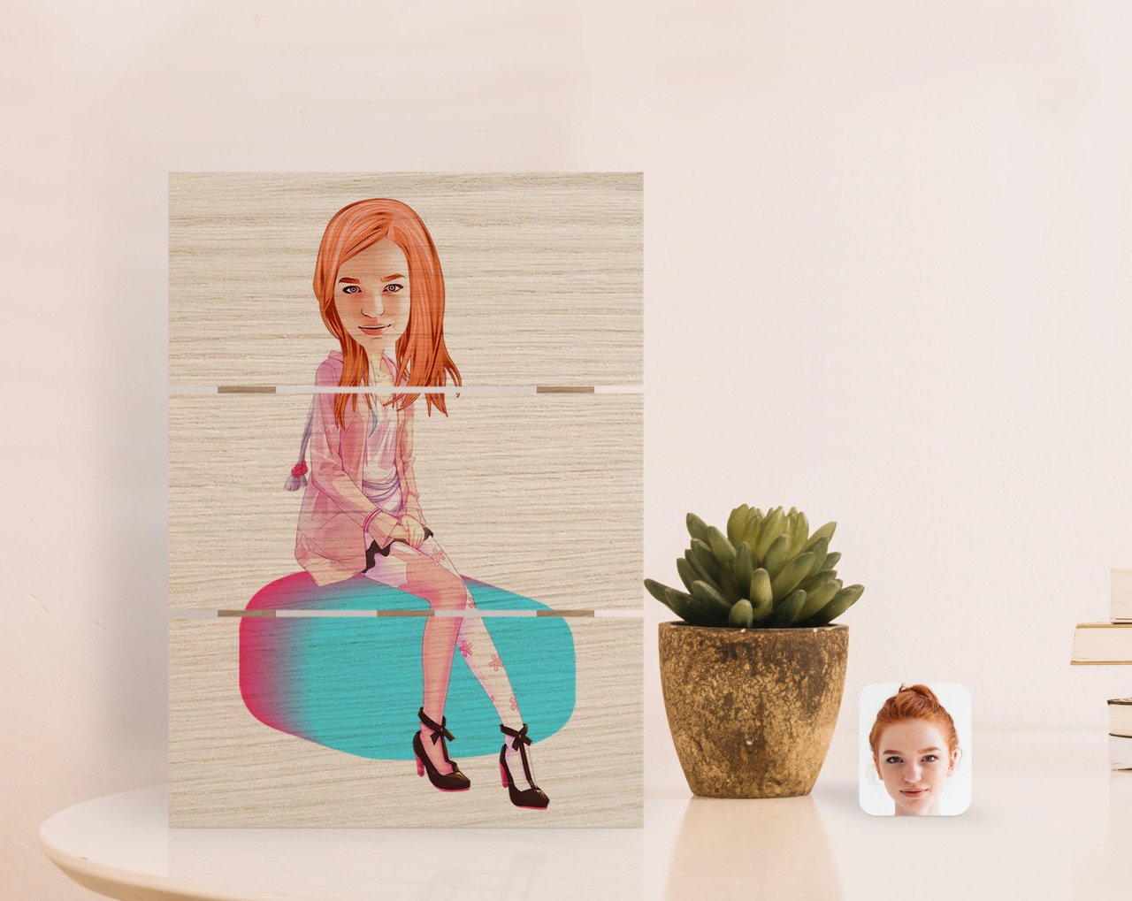 Kişiye Özel Kadın Karikatürlü Otantik Masaüstü Ahşap Palet Çerçeve-32