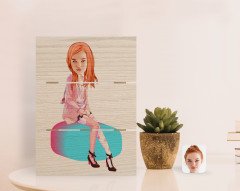 Kişiye Özel Kadın Karikatürlü Otantik Masaüstü Ahşap Palet Çerçeve-32