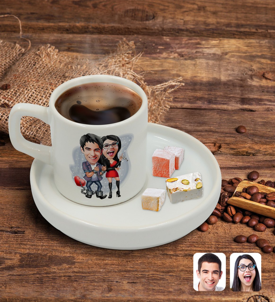 Kişiye Özel Sunum Tabaklı Sevgililer Karikatürlü Türk Kahvesi Fincanı Model 1