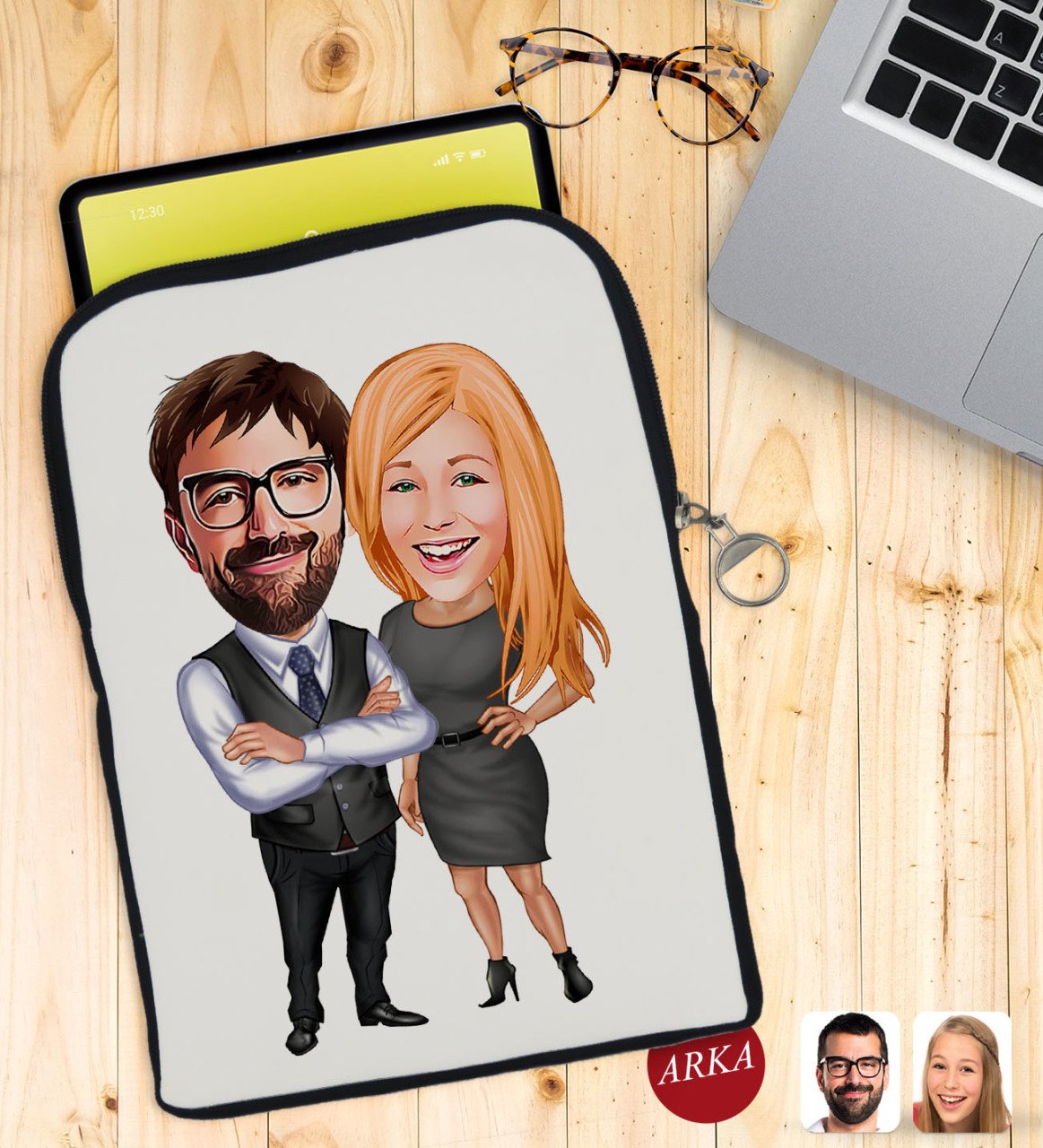 Kişiye Özel Sevgililer Karikatürlü Taşınabilir Koruyucu Tablet Kılıfı & Organizer Çanta - Siyah-100