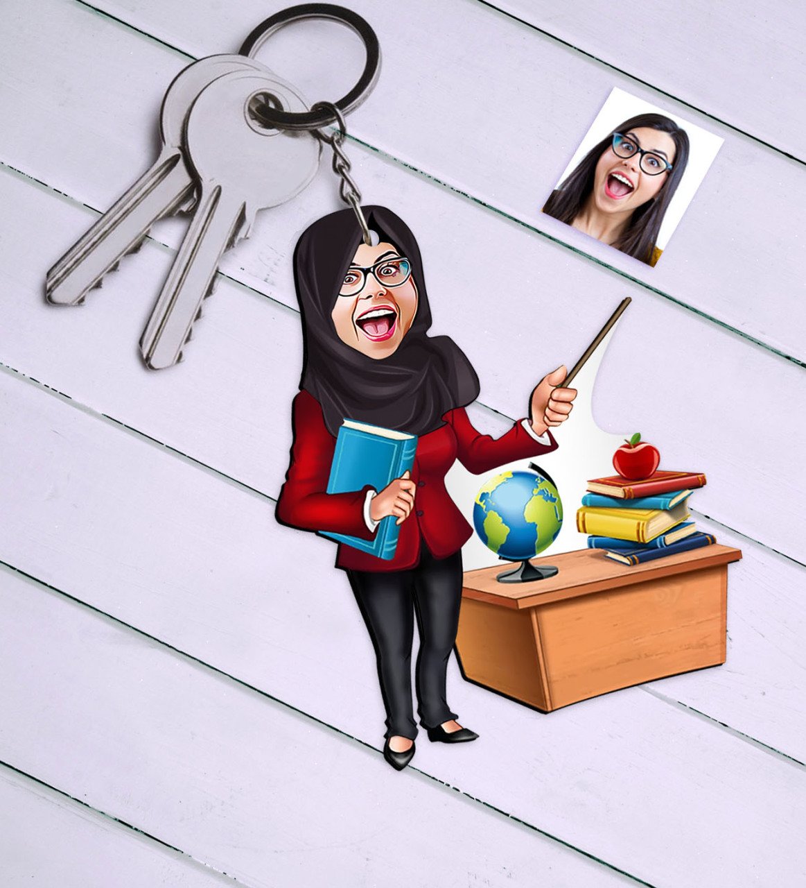 Kişiye Özel Tesettürlü Bayan Öğretmen Karikatür Anahtarlık - 1